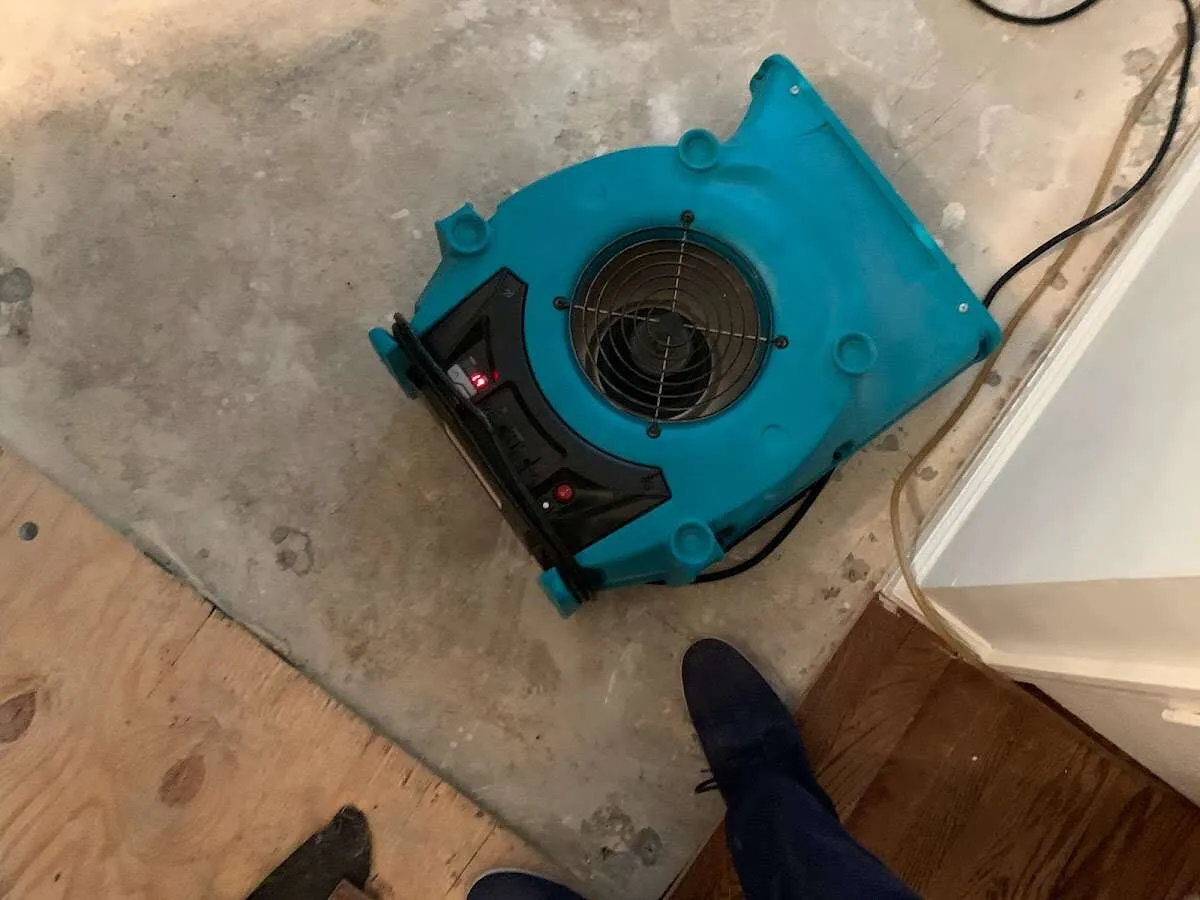 Air mover drying subfloor during Commercial Water Damage Restoration in Willard